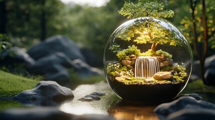 Fototapeta premium Crystal sphere terrarium, miniature ecosystem