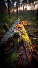 Fallen log in forest at sunrise