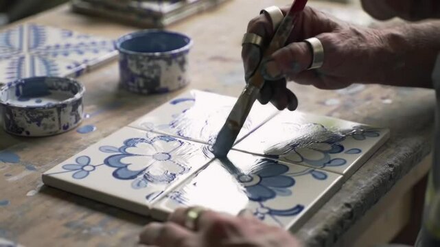 Close up video of artisan hands glazing traditional blue and white Portuguese ceramic tiles in workshop. Azulejo arabesque floral ornament style.