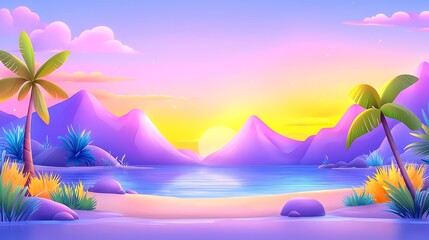 Vibrant Tropical Sunset Over Calm Ocean and Purple Mountains