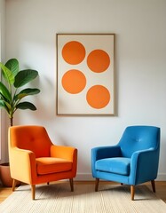 Interior design of a living room with two armchairs , one orange and one blue , a painting with orange circles and a plant in the background.
