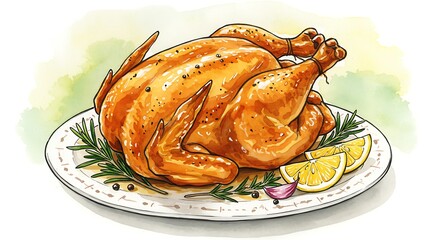 A golden-brown roasted poultry, either chicken or turkey, seasoned with herbs and garnished with lemon slices, is depicted on a decorative white plate in an illustrative manner.