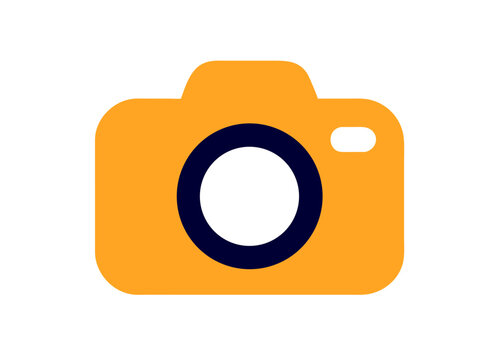 Stylized Orange Camera Icon with Blue Lens and Simplified Shapes – Modern Design for Photography and Tech Themes