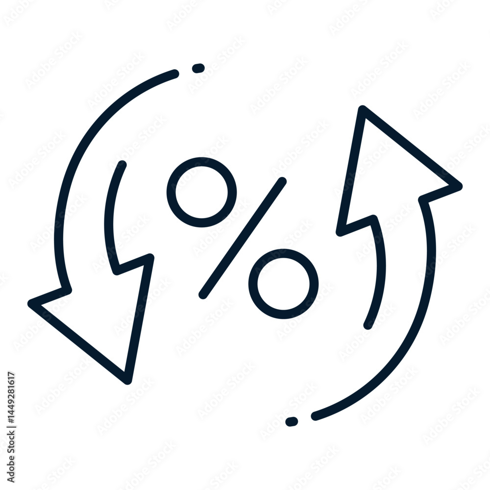 Poster percentage, arrow in circle. vector linear icon isolated on white background.
