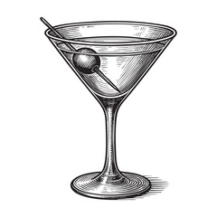 martini olive woodcut engraving vector illustration