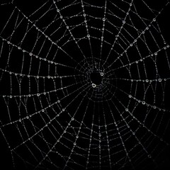 closeup macro photography of dewy spiderweb with iridescent raindrops isolated on black background