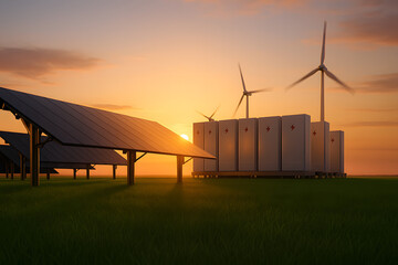 Dawn of new renewable energy technologies. Modern, aesthetic and efficient dark solar panel panels, a modular battery energy storage system and a wind turbine system in warm light. 3D rendering.