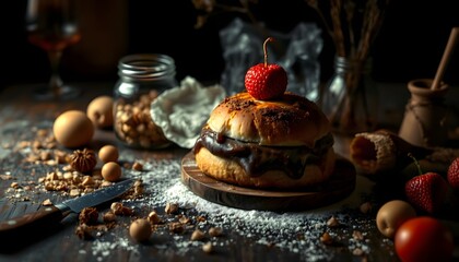 Fototapeta premium A unique burger topped with a strawberry to create an eye-catching food presentation