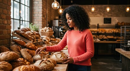 A young Black woman with curly hair selects fresh artisan bread from a large display in a rustic bakery, examining the loaves carefully.