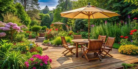 Obraz premium A serene summertime scene with a wooden patio set under a sun umbrella
