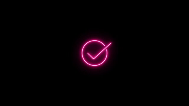 Glowing neon line tick mark animation with neon circle.approved sing,right icon,ok sing.on a dark background.