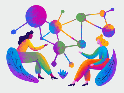 Two women engaged in a colorful discussion about science concepts