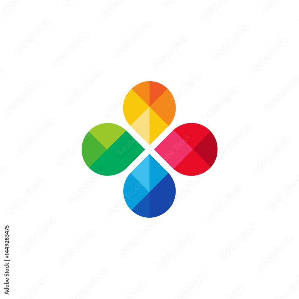 Poster vibrant colorful abstract logo design four interlocking geometric shapes representing unity, diversi