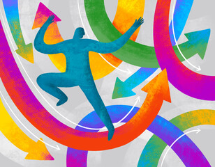 Dynamic arrows with a figure representing growth and direction