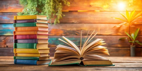 Fototapeta premium Colorful stack of books with opened novel on a wooden table, warm lighting, book collection
