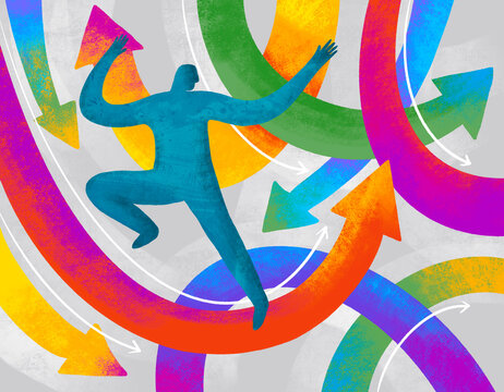 Dynamic arrows with a figure representing growth and direction