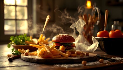 Classic burger with crispy fries served on a table in an inviting cinematic atmosphere