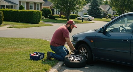 A bearded Caucasian man in his 30s or 40s is kneeling beside a blue sedan on the side of a suburban street, changing a flat tire with tools from a toolbox on the grass.