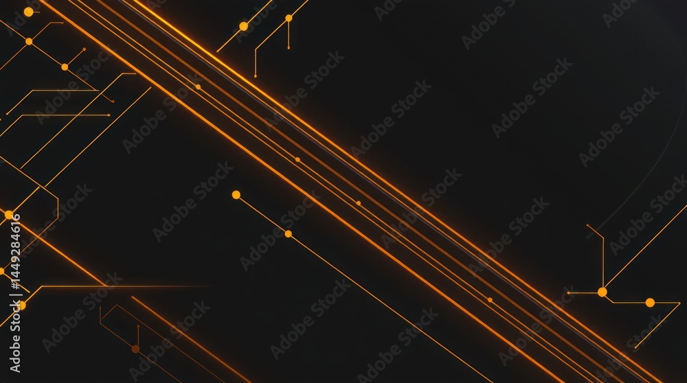 Poster glowing orange lines intersect on dark background, forming circuit-like pattern