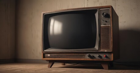 A dusty, aged CRT television set with its power off, reflecting ambient light , dusty, light, equipment