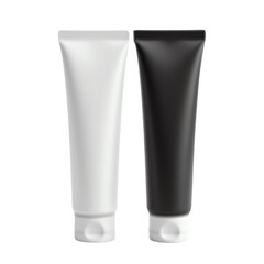 Modern tubes of black and white cosmetic creams.