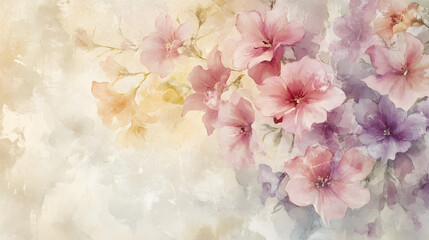 Soft watercolor background with delicate pastel flowers. Abstract floral background.