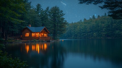 Fototapeta premium Lakeside cabin at night, stars, reflection.
