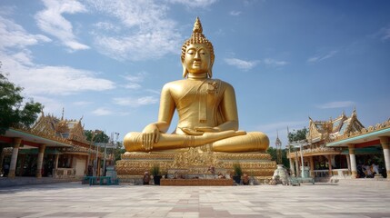 Fototapeta premium A large golden Buddha statue stands in front of a temple building in Thailand.