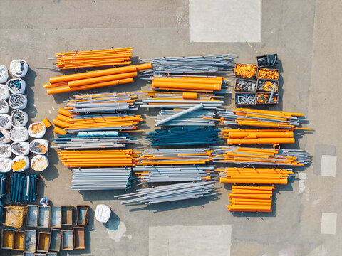 Colorful Plastic Components and Pipes in Factory Storage