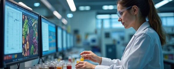 Food engineer analyzes nutritional composition in lab. Scientist in white coat with protective glasses examines food sample. Lab work with computers displays data, product images for food science.