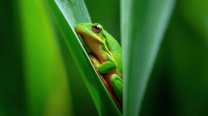 Emerald Embrace: A Green Tree Frog's Leafy Sanctuary
