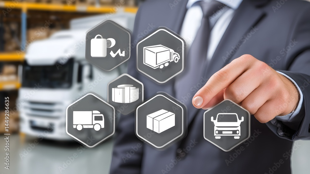 Poster a logistics manager s silhouette is juxtaposed with a network of digital icons representing automate