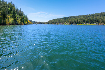 View of the Blue Creek Bay Recreation Site and public dock on Lake Coeur d'Alene in the North Idaho panhandle region of Coeur d'Alene, Idaho.