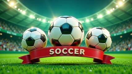 Fototapeta premium Soccer Balls Displayed With Banner Announcement