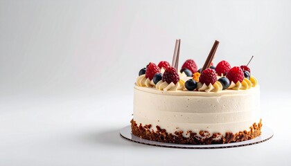 Elegant dessert cake with decorative toppings, soft studio lighting, solid white background, open space on the left side to create a balanced composition