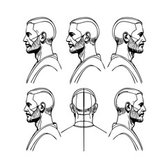 Male Character Turnaround Set – Bearded Man Front, Side, and Back View in Black and White Line Art