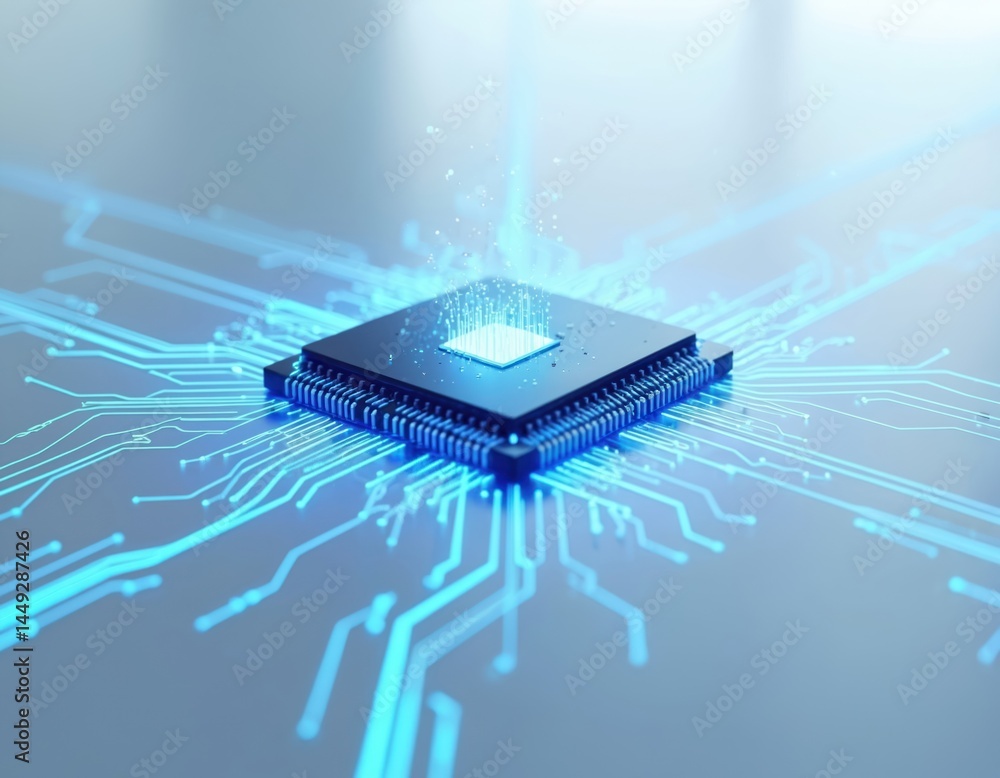 Poster futuristic microchip with glowing connections in high-tech environment. modern processor design with
