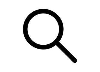 Black and White Icon of a Magnifying Glass with Circular Lens and Angled Handle – Minimalist Design Representing Search and Zoom Functions