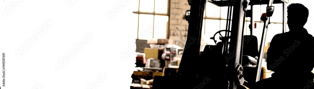 Poster The silhouette of a manager is positioned within a high-tech warehouse, emphasizing the impact of automation on logistics operations. The clean background provides generous copyspace for text or