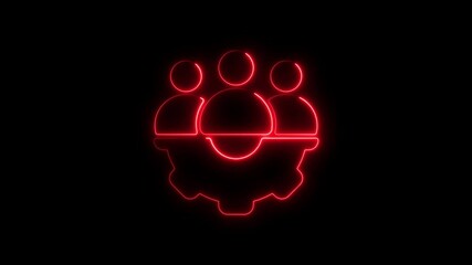 Glowing neon red teamwork and gear symbol animation on black background