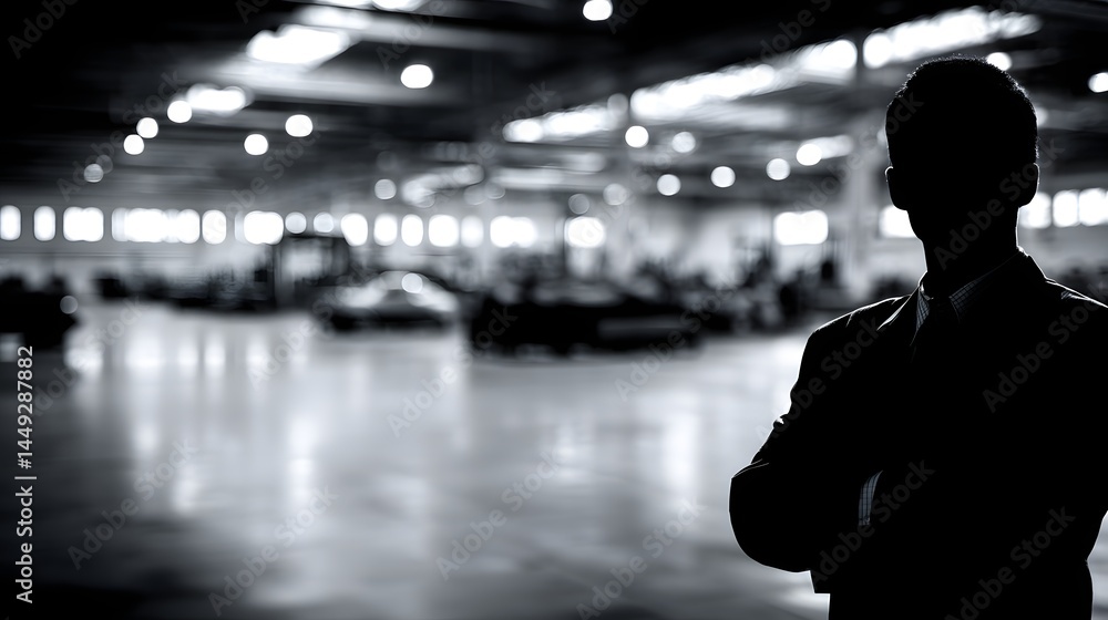 Poster a silhouette of a logistics manager stands confidently against a backdrop of advanced technology int