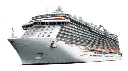 Large cruise ship, modern design, multiple decks, various equipment