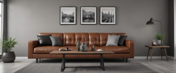 Fototapeta premium Brown leather couch, wooden dining table, black & white photos, grey wall, chic living space, grey, brown