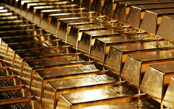 Gold bars in a bank close up