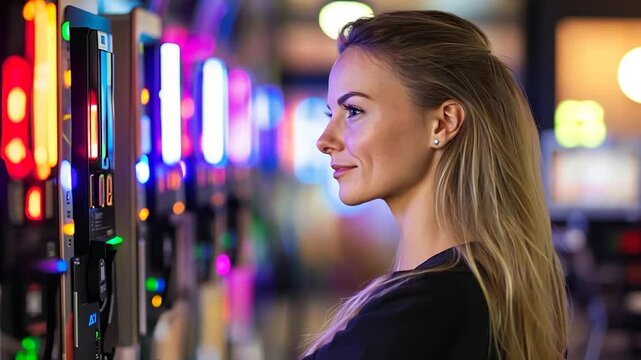 Woman interacting with a colorful slot machine in a vibrant casino