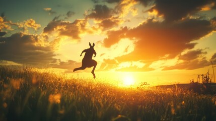 Fototapeta premium Silhouette of a kangaroo jumping at sunset