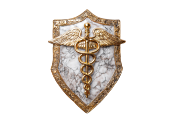 Golden caduceus emblem on marble shield with intricate border design, cut out