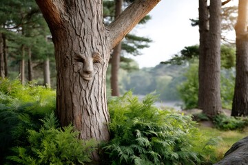 Fototapeta premium Ancient smiling tree spirit carved in the trunk in a forest