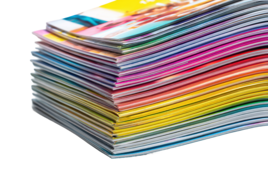Colorful stack of brochures on white background, cut out