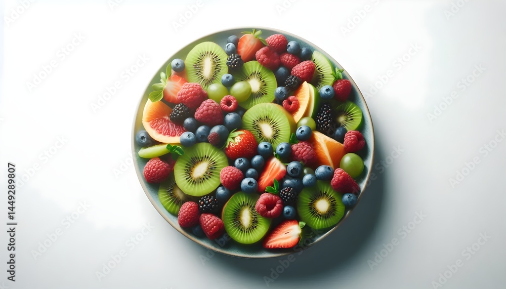 Poster colorful fruit salad with berries and kiwi placed in a bowl on white background using professional s